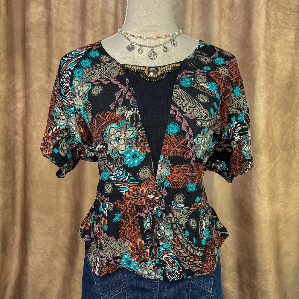 Vintage Boho Top 90s Floral Paisley Short Sleeve Flared Hem Multicolor Peasant